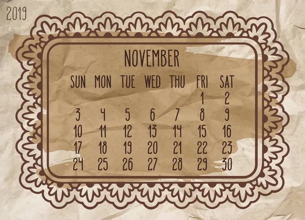 Año de noviembre 2019 calendario mensual vintage — Vector de stock