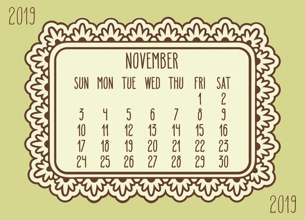 November jaar 2019 maandelijkse kalender — Stockvector