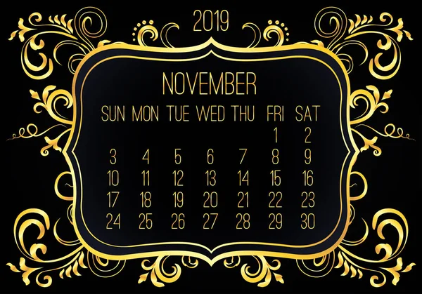 Novembre année 2019 calendrier mensuel doré — Image vectorielle