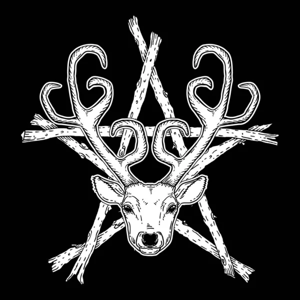 Ručně kreslená jelení hlava přes tyč pentagram kmenový styl — Stockový vektor
