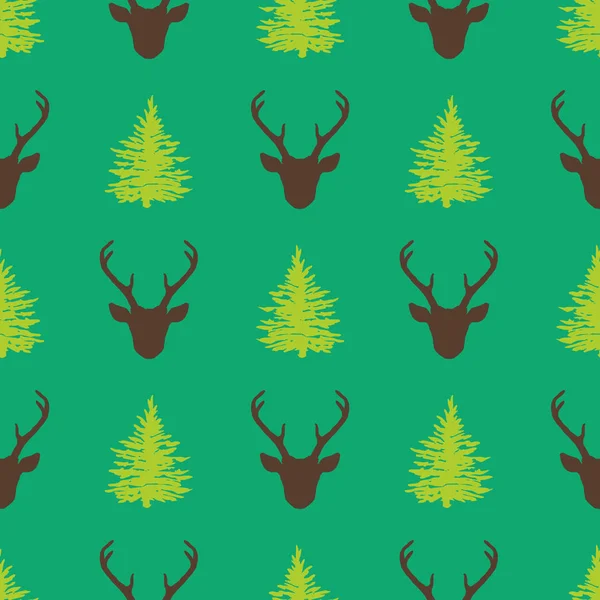 Modèle sans couture de Noël avec tête de cerf et sapin silhouette — Image vectorielle