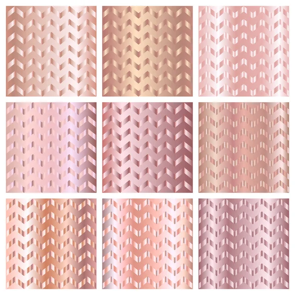 Rose Golden metal gradient Chevron mönster bakgrunder set — Stock vektor