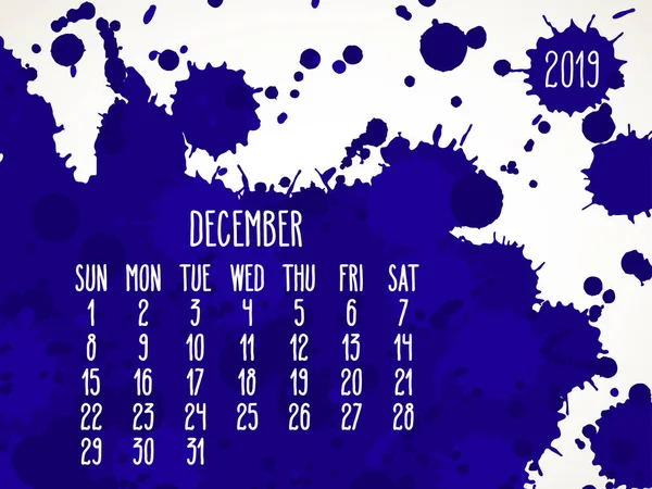 Dezember Jahr 2019 blaue Farbe Monatskalender — Stockvektor