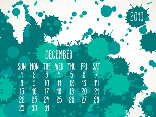 December year 2019 paint monthly calendar — Stock Vector