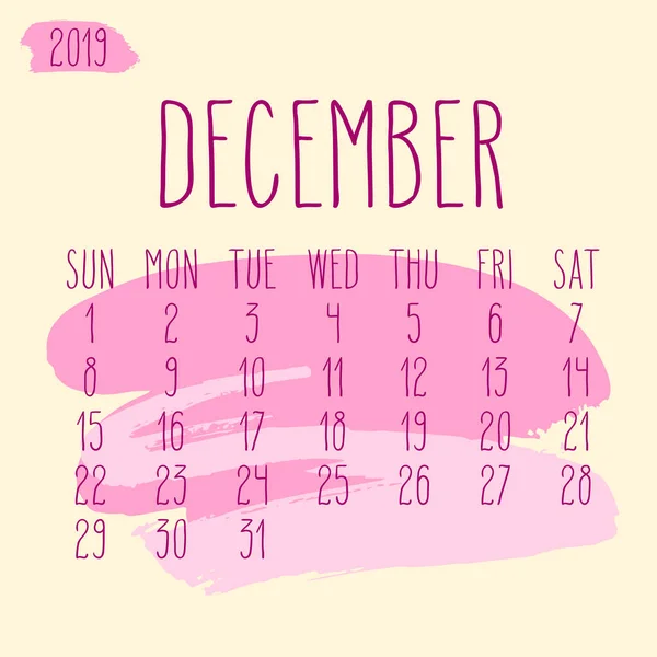 Грудень 2019 рік Малярський інсульт щомісячний календар — стоковий вектор