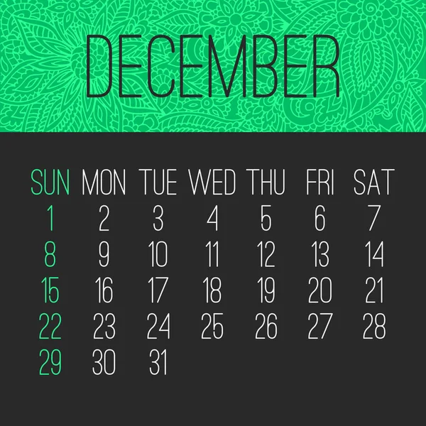 Año diciembre 2019 calendario mensual — Vector de stock