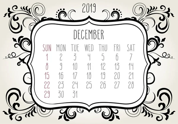 December year 2019 monthly calendar — Stock Vector