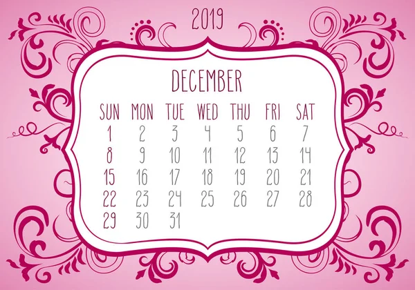 Dezember Jahr 2019 monatlicher Kalender — Stockvektor