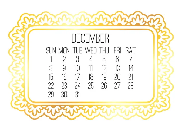 Грудень 2019 щомісячний золотий календар — стоковий вектор