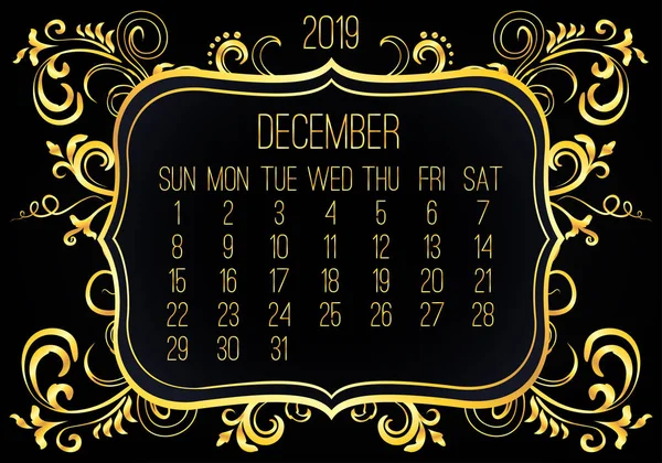 December year 2019 monthly golden calendar — Stock Vector