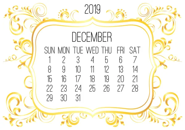Prosinec rok 2019 měsíční zlatý kalendář — Stockový vektor