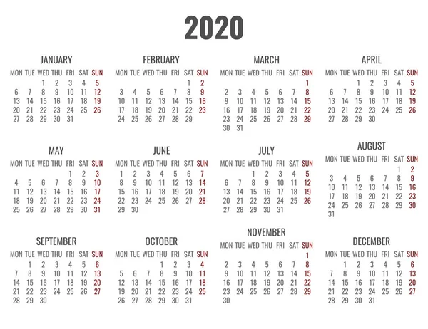 Calendario mensual del año 2020 — Vector de stock