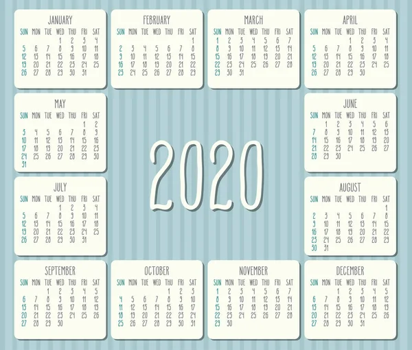 Année 2020 calendrier mensuel — Image vectorielle