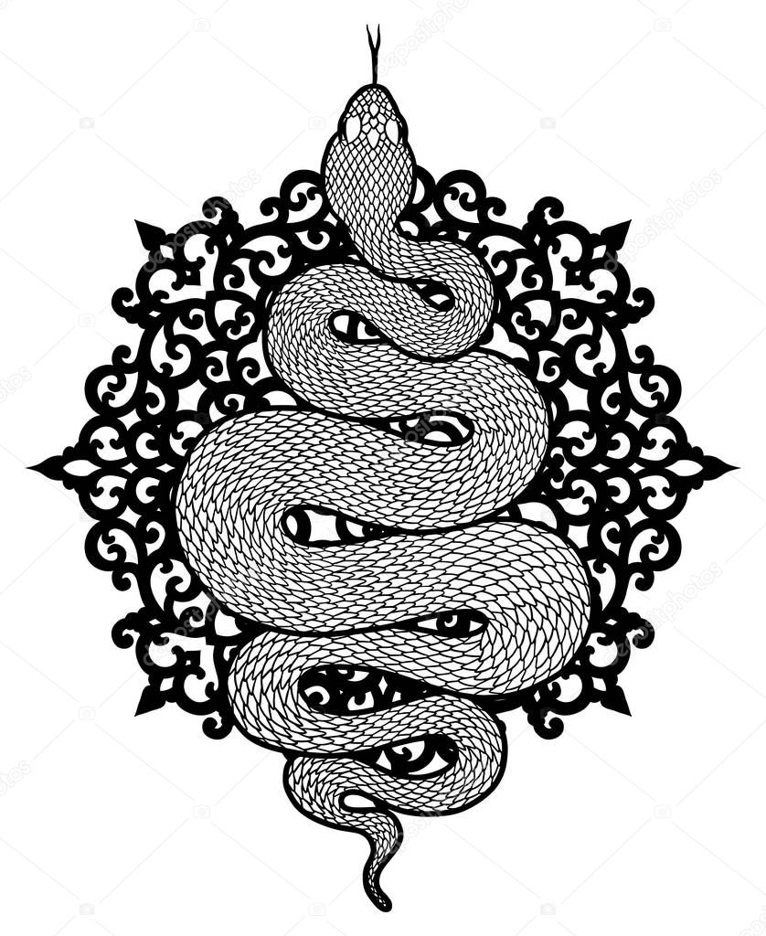 Coiled snake over floral mandala detailed illustration. Tribal serpent in black isolated over white background. Vector tattoo design.