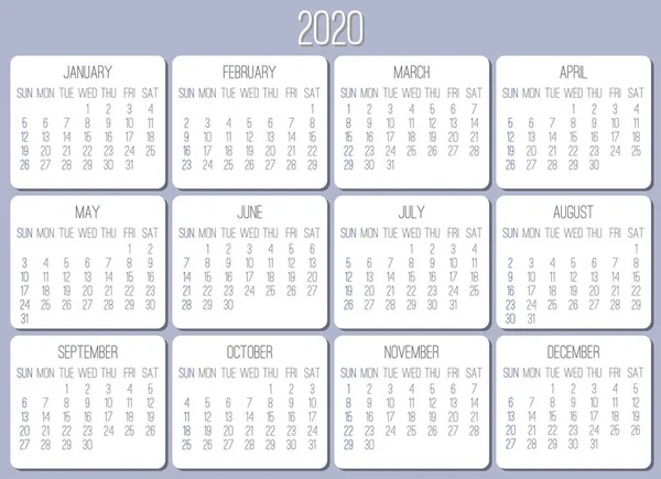 Año 2020 calendario minimalista luz mensual — Vector de stock