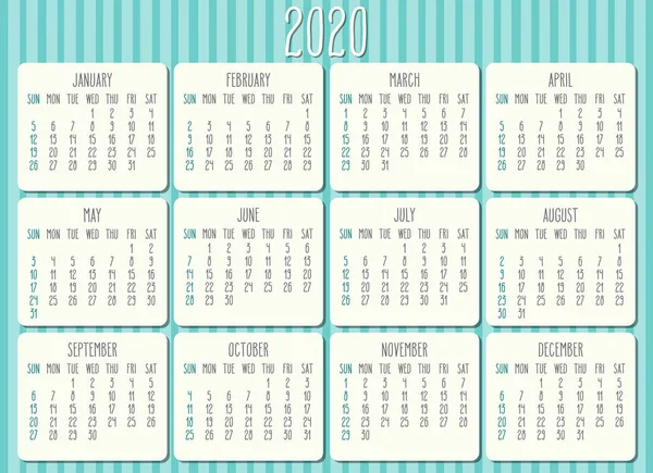 Année 2020 calendrier mensuel — Image vectorielle