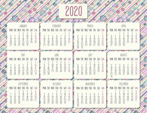 Año 2020 calendario mensual de puntos y rayas de colores pastel — Vector de stock