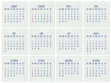 Yıl 2020 Aylık defter sayfası takvimi