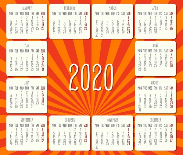 Année 2020 rayons lumineux mensuels de calendrier de lumière — Image vectorielle