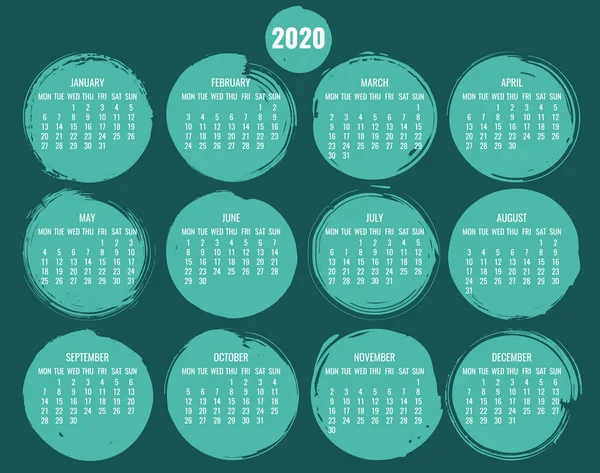 Año 2020 calendario mensual de pinceladas de círculo — Archivo Imágenes Vectoriales