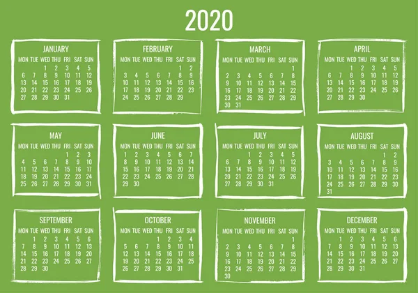 Année 2020 mensuel dessiné à la main vert brosse course calendrier — Image vectorielle