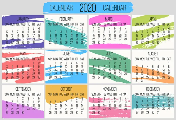 Année 2020 calendrier mensuel dessiné à la main coup de pinceau — Image vectorielle