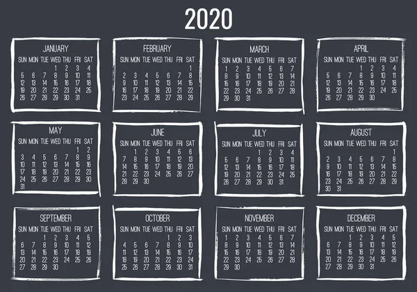 Rok 2020 miesięczny ręcznie rysowany kalendarz pociągnięć pędzla — Wektor stockowy