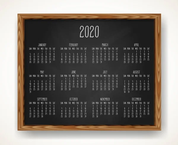 Año 2020 calendario mensual de pizarra negra — Vector de stock