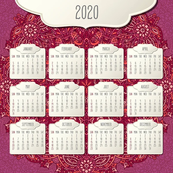 Año 2020 marco mensual y calendario de fondo de garabato floral — Archivo Imágenes Vectoriales