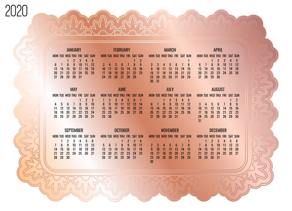 Année 2020 calendrier mensuel doré — Image vectorielle