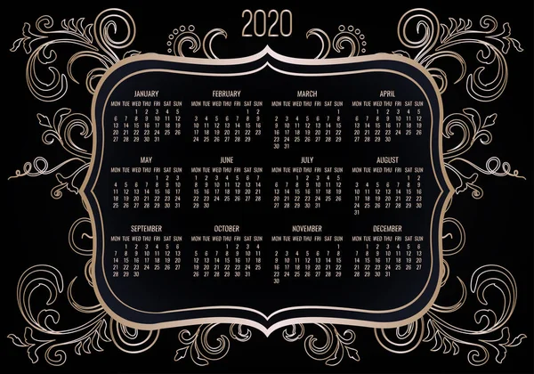 Jahr 2020 monatlicher goldener Kalender — Stockvektor