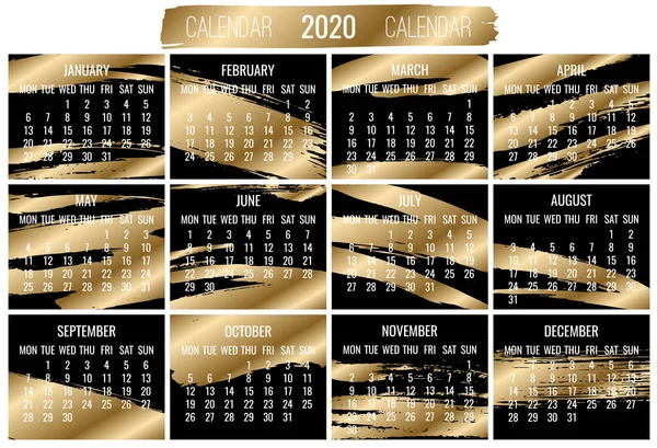 Año 2020 calendario de oro mensual — Vector de stock