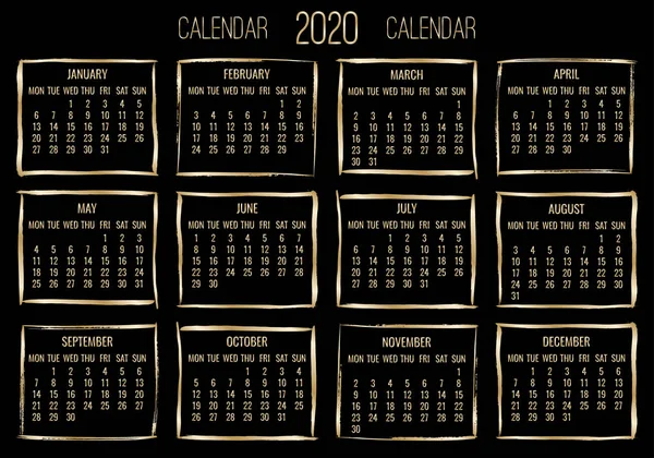 Año 2020 calendario de oro mensual — Vector de stock