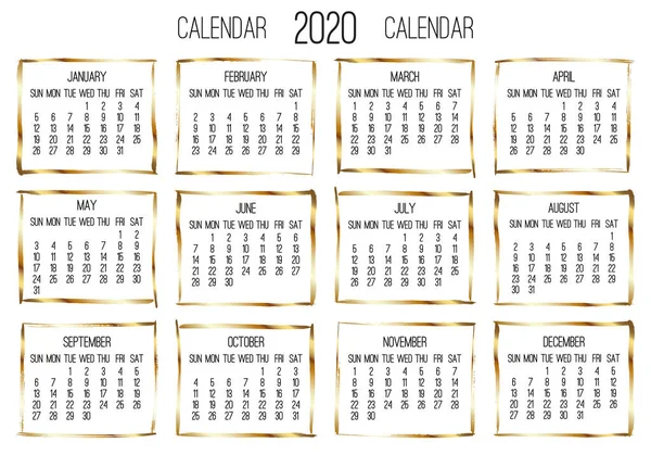 Année 2020 calendrier mensuel doré — Image vectorielle