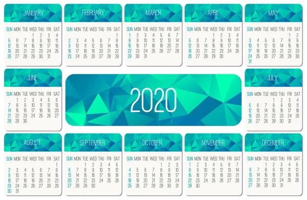 Año 2020 vector mensual baja poli calenda jalá — Archivo Imágenes Vectoriales