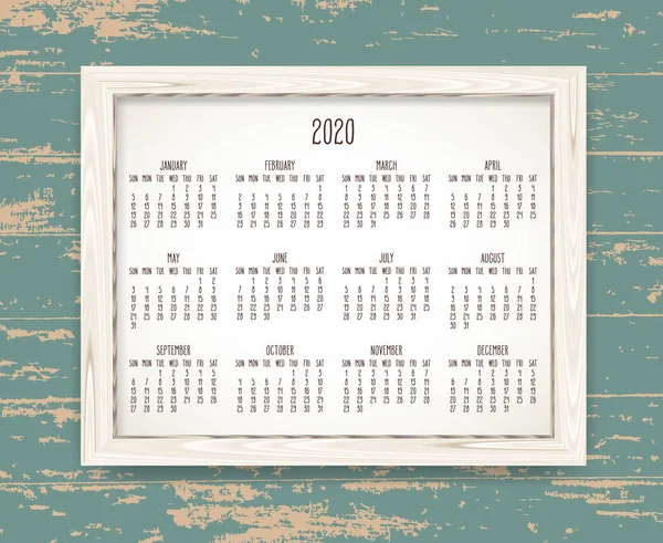 Año 2020 calendario mensual en un marco de madera — Vector de stock