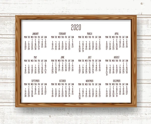 Año 2020 calendario mensual en un marco de madera — Vector de stock