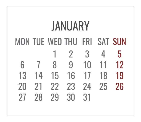 Január év 2020 havi fehér naptár — Stock Vector