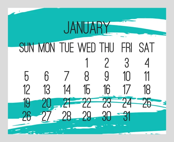 Janvier 2020 calendrier mensuel des coups de pinceau dessinés à la main — Image vectorielle