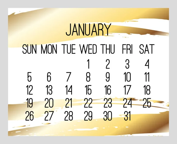 January year 2020 monthly golden calendar — Stock Vector