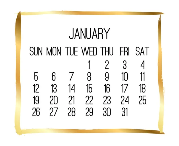 January year 2020 monthly golden calendar — Stock Vector