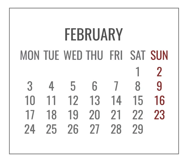 Fevereiro ano 2020 calendário branco mensal — Vetor de Stock