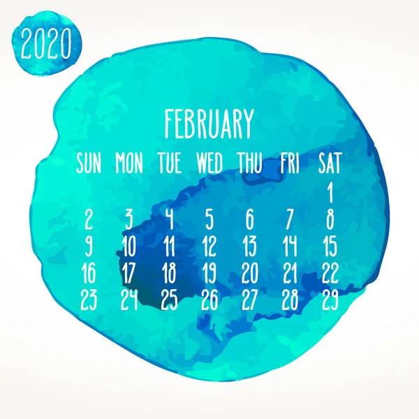 Únor rok 2020 akvarel malba měsíční kalendář — Stockový vektor
