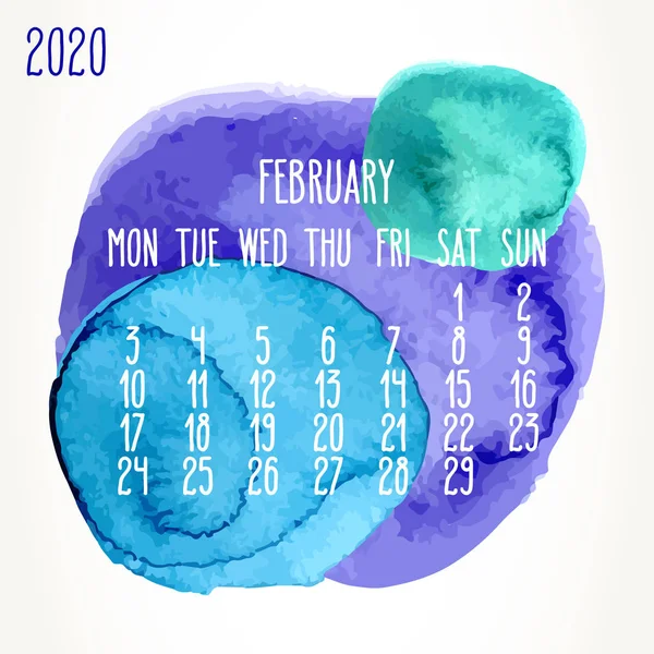 Лютий 2020 року акварельна фарба щомісячний календар — стоковий вектор