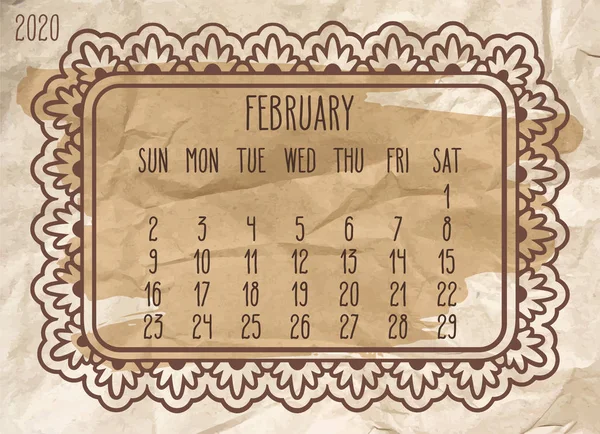 Año de febrero 2020 calendario marco mensual — Archivo Imágenes Vectoriales