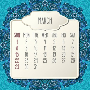 Mart 2020 Aylık çerçeve ve çiçek karalama arkaplan calen