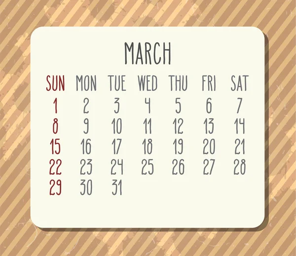Março ano 2020 calendário mensal marrom do vintage — Vetor de Stock