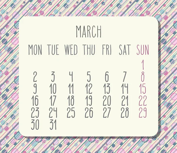 März Jahr 2020 monatliche pastellfarbene Punkte und Streifen Kalender — Stockvektor