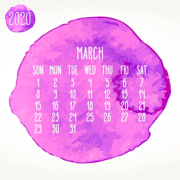 Marzo año 2020 acuarela pintura calendario mensual — Vector de stock