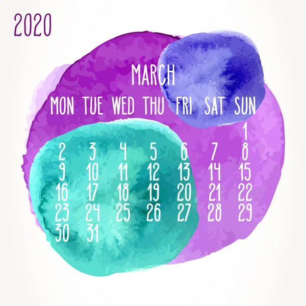 March year 2020 watercolor paint monthly calendar — Stock Vector